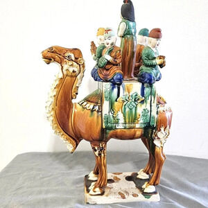 Vtg Chinese Glazed‎ Tang Dynasty Style Pottery Sancai Camel With Musicians 14"